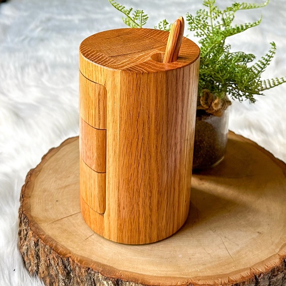 Rachael Ray Wood 3 Tier Stacking Swivel Spice Wooden Salt Box Pepper w/ 2 Spoons - Picture 3 of 7